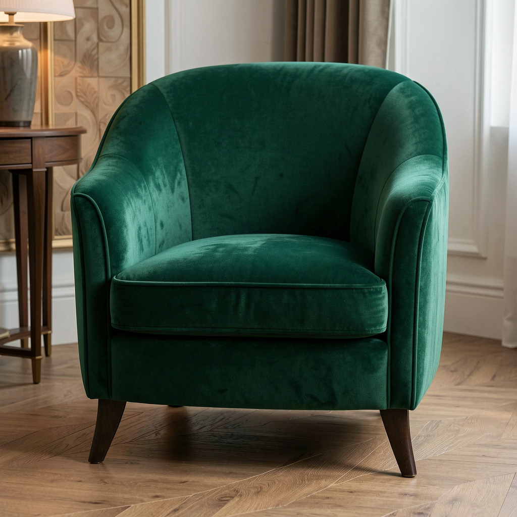Luxurious emerald velvet accent chair with walnut legs